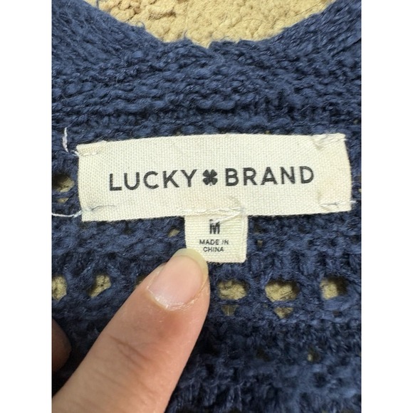 Lucky Brand Cardigan Women Medium Navy Sweater Open Front Preppy - Picture 2 of 6